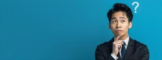 Asian Businessman in Modern Costume Pondering with Question Mark on Blue Background photo