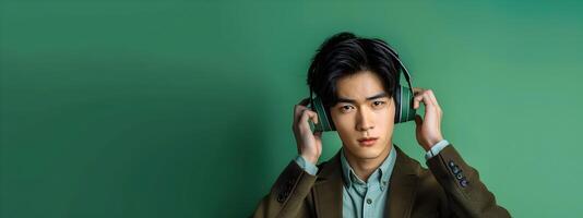 Asian Businessman Listening to Music with Headphones on Green Background in Neo Pop Style photo