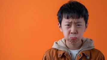 Angry Asian Hallyu Boy in Modern Neo Pop Style Portrait on Orange Background photo