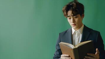 Asian Businessman Reading Book Under Green Backdrop in Neo Pop Style photo