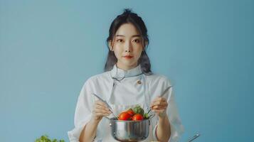 Asian Businesswoman Cooking Healthy Meal on Modern Blue Background in Pop Art Style photo