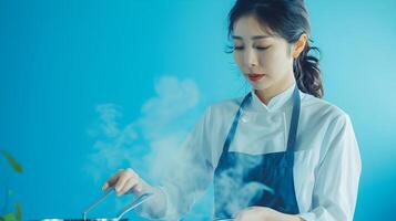 Asian Businesswoman Cooking in Blue Backdrop with Neo Pop Aesthetic photo