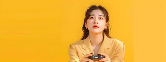 Asian Businesswoman Playing Game on Yellow Background in Modern Neo Pop Style photo