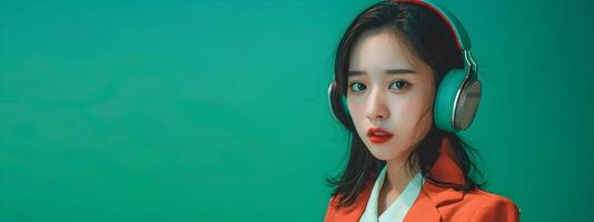Asian Businesswoman Listening to Music in Modern Pop Inspired Portrait photo