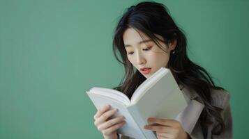 Asian Businesswoman Reading a Book on Green Background in Neo Pop Sensibility photo