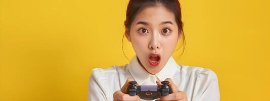Asian Businesswoman Playing Game on Yellow Background in Neo Pop Style photo