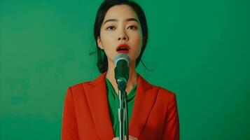 Asian Businesswoman Singing on Modern Green Studio Set with Neo Pop Sensibility photo