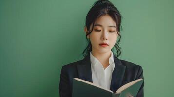 Asian Businesswoman Reading Book Against Green Background in Neo Pop Styling photo