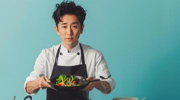 Asian Entrepreneur Cooking in Stylish Attire with Blue Background photo