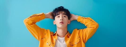 Asian Hallyu Boy Feeling Tired on Blue Background in Modern Costume with Neo Pop Sensibility photo