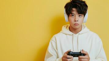 Asian Hallyu Boy Playing Mobile Game on Vibrant Yellow Background in Neo Pop Style photo