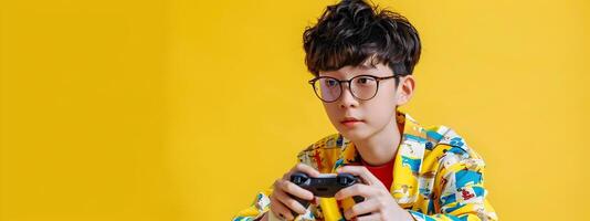 Asian Hallyu Boy Playing Game on Vibrant Yellow Background in Modern Neo Pop Style photo