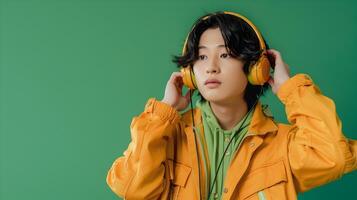 Asian Hallyu Boy Listening to Music with Headphones on Green Background photo