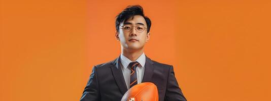 Asian Hallyu Businessman Holding Football on Orange Background in Neo Pop Style photo