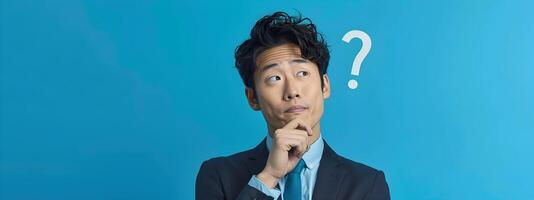 Asian Hallyu Businessman Pondering with Question Mark on Blue Background photo