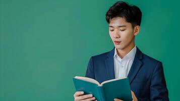 Asian Hallyu Businessman Reading Book on Green Background in Neo Pop Style photo