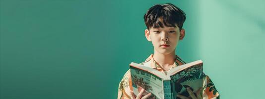 Asian Hallyu Boy Reading Book on Green Background in Neo Pop Style photo