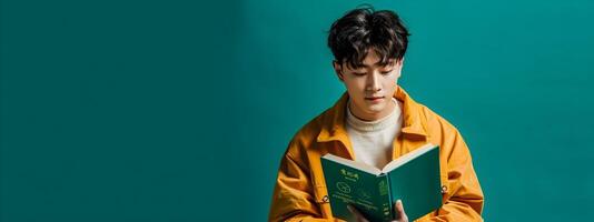 Asian Man in Modern Costume Reading a Book Against Green Background photo