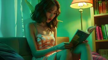 Asian Hallyu Girl Reading Book in Green Neo Pop Atmosphere photo