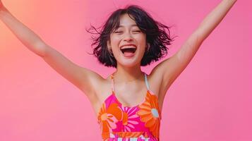 Asian Woman Expressing Joy and Enthusiasm in Neo Pop Inspired Fashion Shoot photo