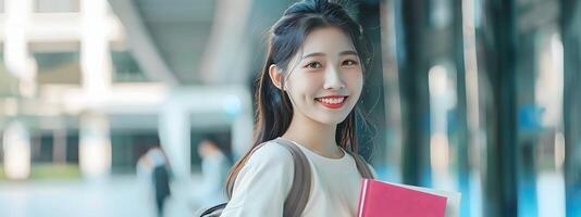 Attractive Korean University Student Holding Book and Smiling Brightly on Campus with Neo Pop Inspired Fashion photo