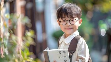 Adorable Korean Boy Holding Book with Charming Smile and Modern Costume in Neo Pop Style photo