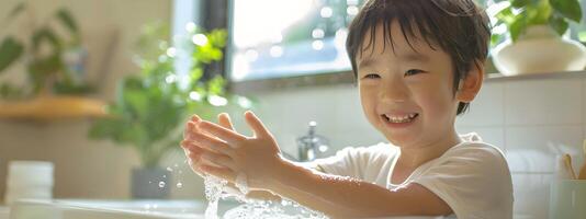Bright and Cheerful Boy Washing Hands in Clean Room photo