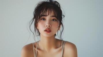 Captivating Asian Hallyu Girl in Stylish Attire Against White Background photo