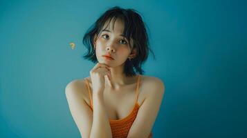 Captivating Asian Woman in Neo Pop Inspired Portrait with Inquisitive Expression photo