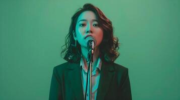 Captivating Asian Businesswoman Sings with Passion on Green Stage photo
