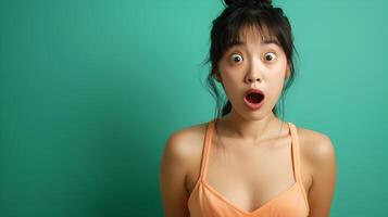 Captivating Asian Woman Expressing Surprise in Stylish Neo Pop Inspired Portrait photo