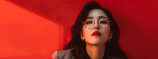 Captivating Asian Woman in Modern Pop Style Outfit on Red Background photo