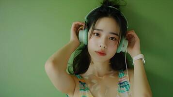 Captivating Asian Woman Listening to Music in Trendy Green Studio Setting photo