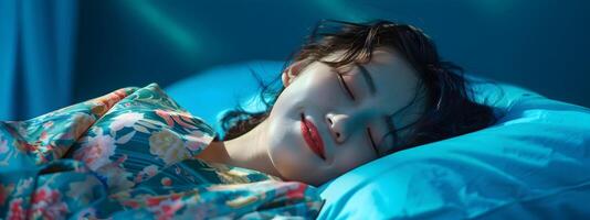 Captivating Portrait of a Sleeping Hallyu Woman in Modern Costume on Blue Background photo