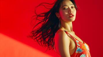 Captivating Portrait of Alluring Asian Hallyu Girl in Chic Outfit on Dramatic Red Background photo