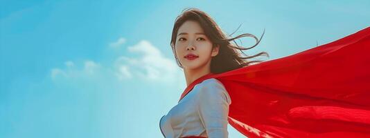 Captivating Korean University Student Superhero in Flowing Red Cape on Azure Sky photo