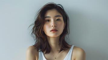 Captivating Asian Woman in Neo Pop Style Portrait on White Background photo
