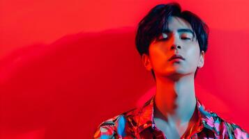 Captivating Portrait of Hallyu Boy Amid Vibrant Red Backdrop photo