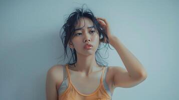 Captivating Portrait of Stylish Asian Hallyu Girl Feeling Unwell Against Minimalist Backdrop photo
