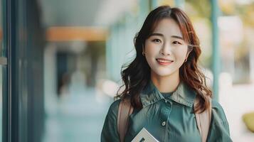 Charming Korean University Student Holding Book with Warm Smile in Modern Neo Pop Style photo