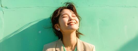Cheerful Asian Businesswoman with Neo Pop Style in Corporate Setting photo