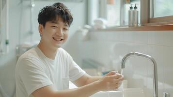 Cheerful Asian Man Happily Washing Hands in Bright Simple Home Interior photo