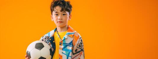 Confident and Stylish Asian Hallyu Boy Holding a Football in Vivid Neo Pop Inspired Setting photo