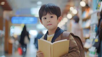 Cheerful Korean boy holding book in urban commercial setting with neo pop sensibility photo