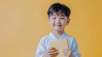 Cheerful Korean Boy Holding Book in Pop Art Photography Style photo