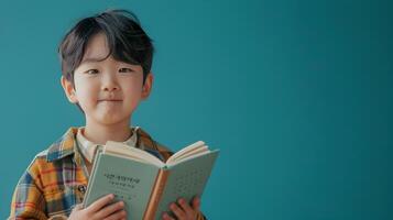 Cheerful Korean Hallyu Boy Reading Book with Neo Pop Flair photo