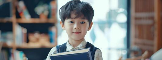 Cheerful Korean Hallyu Boy Reading Book in Modern Costume photo