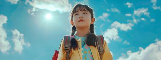 Cheerful Korean School Girl with Backpack Walking Under Bright Azure Sky photo
