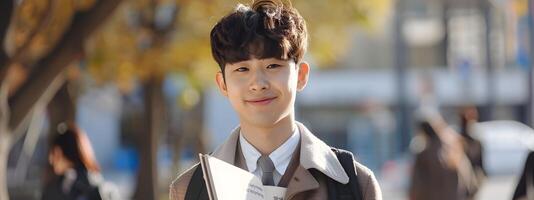 Cheerful Korean University Student Holding Book and Smiling Outdoors photo