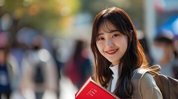Cheerful Korean University Student Holding Book in Modern Outfit on Campus photo